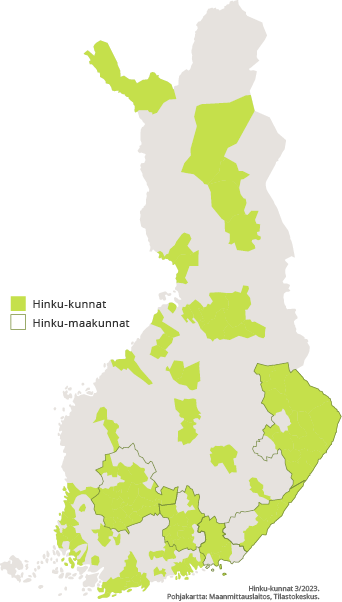 Hinku-kunnat ja -maakunnat kartalla.